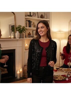 INC INTERNATIONAL CONCEPTS Black Sequined Cardi Small